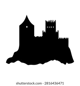 Black silhouette of an ancient castle perched on a rocky hill, showcasing medieval architecture and fortress features against a plain white background.