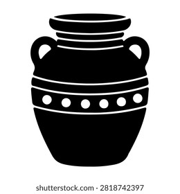 Black silhouette of an ancient decorative pottery vessel with handles and intricate patterns, isolated on a white background.