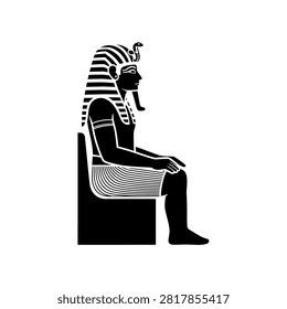 A black silhouette of an ancient Egyptian pharaoh seated on a throne, depicted in profile.