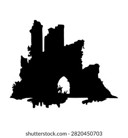 Black silhouette of an ancient Gothic castle ruins with towers and archways, isolated on a white background, emphasizing historical architecture.