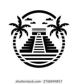 Black silhouette of ancient Mayan temple with palm trees travel icon