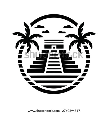 Black silhouette of ancient Mayan temple with palm trees travel icon
