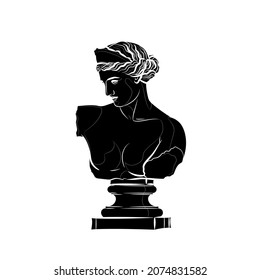 Black silhouette of ancient roman statue Venus de Capua (bust) on white background. Graphic drawing. Vector illustration.