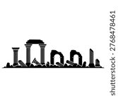 Black silhouette of ancient ruins with columns and arches against a white background.