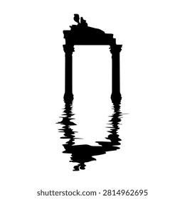 Black silhouette of an ancient stone arch reflected in calm water, creating a mirror image with ripples and a minimalist background.