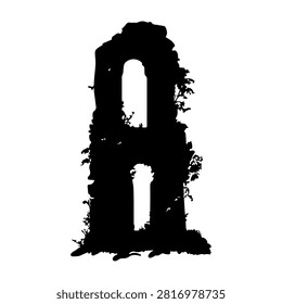 A black silhouette of ancient stone ruins covered with lush overgrown vegetation, emphasizing historical decay and nature reclaiming structures.
