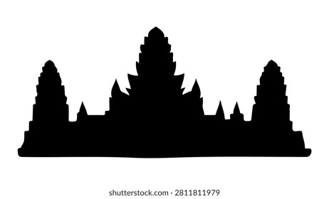 Black silhouette of an ancient temple complex with multiple towers and intricate architecture against a plain white background.