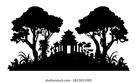 A black silhouette of an ancient temple set amidst lush trees and natural landscape, emphasizing historical architecture and natural environment.