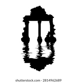 Black silhouette of an ancient temple structure reflected in calm water, creating a symmetrical and serene scene with a plain white background.