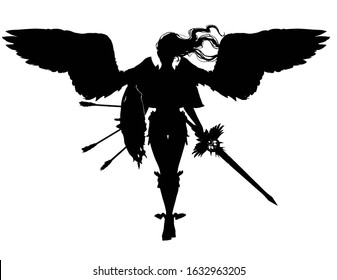 The black silhouette of an angel girl with large wings, long hair, a legendary sword and a shield with arrows, gracefully comes forward to the viewer. On a white background . 2D illustration