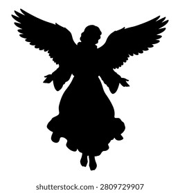 Black silhouette of an angel with large wings, a flowing gown, and a halo, symbolizing spirituality, protection, and divine presence.