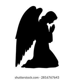 A black silhouette of an angel with large wings, kneeling and praying, symbolizing faith, spirituality, and devotion in a serene pose.
