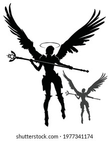 The black silhouette of an angel woman, she soars in the air on large wings above her head is a halo, she is a knight in armor, and in her hands she holds a scepter. 2d illustration