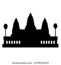 Black silhouette of Angkor Wat temple with flanking palm trees, set against a white background. A flat graphic depiction.