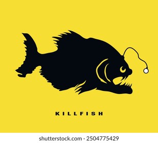 Black silhouette of an angry fish with sharp teeth on a yellow background