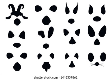 Black silhouette animal face elements set cartoon flat design ears and noses vector illustration isolated on white background