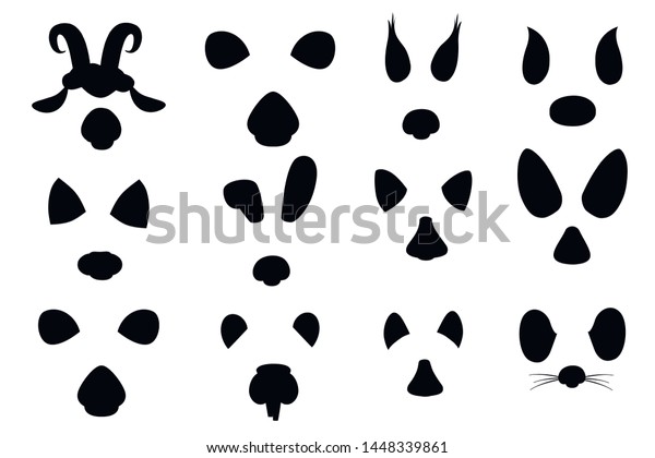 Black silhouette animal face elements set\
cartoon flat design ears and noses vector illustration isolated on\
white background