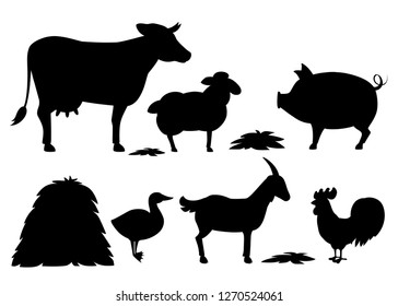 Black silhouette. Animal farm set with stack of hay. Domestic animal collection. Cartoon animal design. Flat vector illustration isolated on white background.