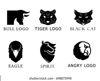 Black silhouette of animal head logo. Vector black  logo of bull, tiger, cat, eagle, horse isolated