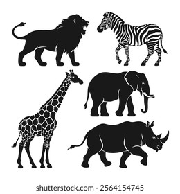 Black Silhouette Animal Icons Lion, Zebra, Elephant, Giraffe, Rhino