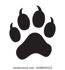 Silhueta preta ícone de impressão de pata de animal com garras isoladas no fundo branco, símbolo de vetor plano simples para o cuidado do animal de estimação, veterinário, vida selvagem, rastreamento, logotipo, gráfico, design, decoração, pegada
