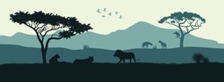 Black Silhouette Of Animals Of The African Savannah. Lions Give Out Among The Trees. Landscape Of Wild Nature. Africa. Vector Illustration