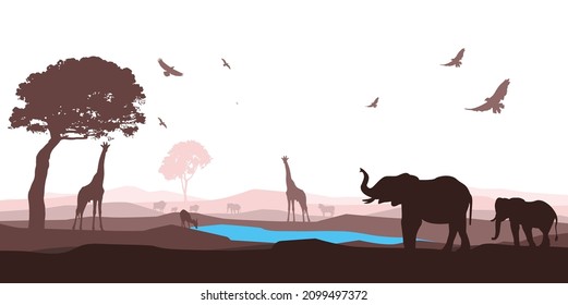 Black silhouette of animals from the African savannah. Lions are found among the trees. Wild nature landscape. Africa. vector illustration