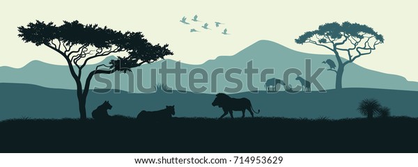 アフリカのサバンナの動物の黒いシルエット 獅子は木の間に生える 自然の風景 アフリカ ベクターイラスト のベクター画像素材 ロイヤリティフリー