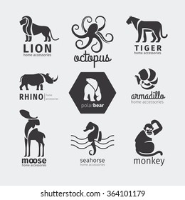 Black silhouette animals logos, emblems and labels set. Vector illustration