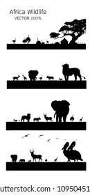 Black silhouette of animals and trees in the savannah. Animals of Africa. African landscape. Panorama of wild nature. Vector illustration 