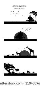 Black silhouette of animals and trees in the savannah. Animals of Africa. African landscape. Panorama of wild nature. Vector illustration 