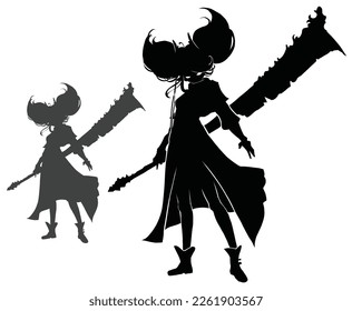 A black silhouette of an anime girl with big tails on her head rising up like horns, she is a warrior with a huge cleaver sword behind her back, she is wearing a cloak swaying in the wind 2d art