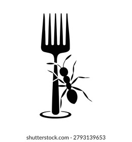 Black silhouette of an ant climbing a fork insect and cutlery