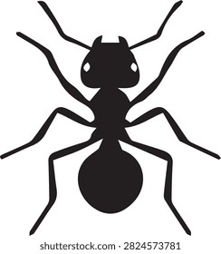 Black silhouette ant graphic featuring six legs and antennae on transparent background