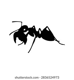 A black silhouette of an ant navigating a surface, highlighting insect movement and behavior in nature.
