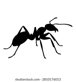 A black silhouette of an ant showcasing its segmented body, antennae, and six legs, set against a plain white background.