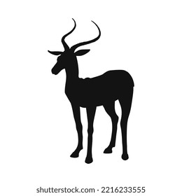 Black silhouette of antelope flat style, vector illustration isolated on white background. African fast herbivorous animal, decorative design element for web or print