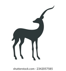 Black silhouette of antelope standing vector illustration. Drawing of silhouette of savannah animal isolated on white background. Wildlife, nature, savanna, fauna concept
