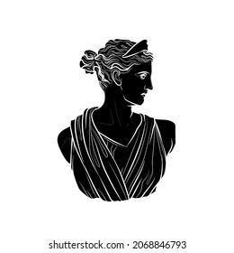 Black silhouette of a antique statue (bust) on white background. The Diana of Versailles or Artemis, Goddess of the Hunt. Graphic drawing. Vector illustration.