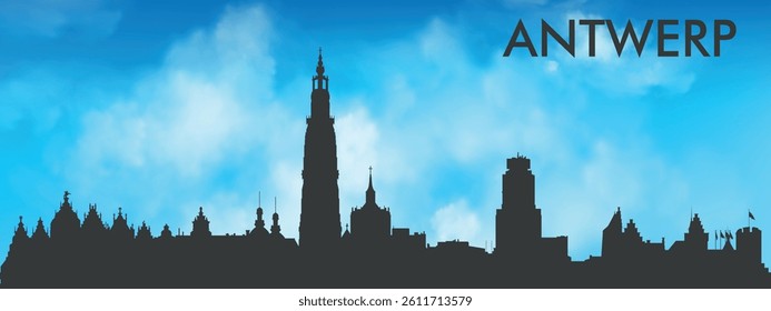 Black silhouette of the Antwerp, Belgium city skyline against a realistic blue sky with white clouds
