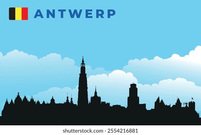 Black silhouette of Antwerp city skyline with text and flag. Vector on the background of blue sky and white clouds
