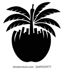 A black silhouette of an apple contains a cityscape with skyscrapers. Palm leaves fan out from the top of the apple, resembling a tree.