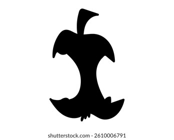 Black Silhouette of Apple Core Isolated on White Background. Minimalist Graphic Element of Eaten Fruit. Concept of Food Waste, Recycling, Trash Symbol, and Simple Design Element, Trash Symbol.