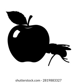 A black silhouette of an apple with a leaf and a worm, emphasizing natural and organic themes in a simple, striking design.