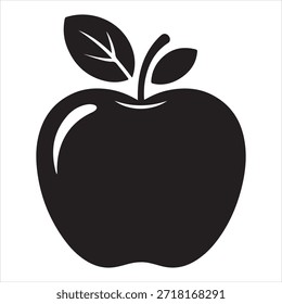 A black silhouette of an apple with a single leaf representing a simple fruit image.