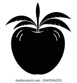 A black silhouette of an apple with a stem and several leaves against a white background.