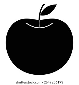 A black silhouette of an apple with a stem and a single leaf against a white background.