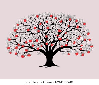 Black silhouette apple tree with red apples and outline drawing leaves isolated on the pink background.  Cartoon illustration for book, home art, decoration wall, logo, labels and cards design. eps 10