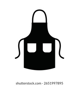 A black silhouette of an apron with two pockets is shown against a white background The style is simple and minimalist vector graphic