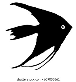 Black silhouette of aquarium fish on white background.